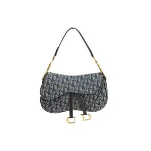 Christian Dior Trotter Double Saddle Bag canvas leather Navy Blue gold